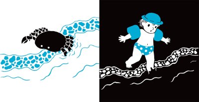 Deux illustrations originales double page « Bébé et petit crabe » de Laura Hedon - album «Petit poisson nage, nage…», publié aux éditions La poule qui pond.