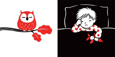 Double illustration originale double page «bébé et petit hibou» de Laura Hedon - album «Que d’émotions !», publié aux éditions La poule qui pond.