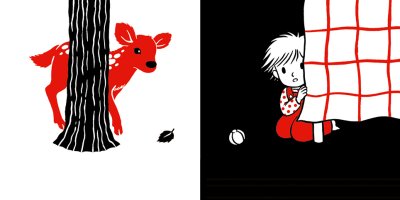 Double illustration originale double page «bébé et petit hibou» de Laura Hedon - album «Que d’émotions !», publié aux éditions La poule qui pond.