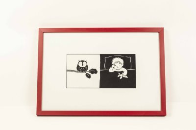 Cadre de deux illustrations originales page simple «Bébé et Petit hibou» de Laura Hedon - album «Que d'émotions !», publié aux éditions La poule qui pond. Partie 1-Dimensions (62,5x43,5 cm)
