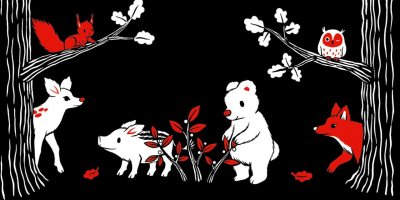 Une illustration originale double page «Les animaux dans la forêt» de Laura Hedon - album «Que d’émotions !», publié aux éditions La poule qui pond.