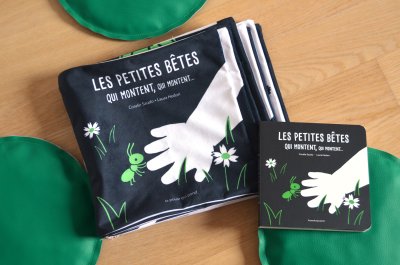 3 coussins-galettes bicolores verts et noirs et l'album en tissu fabriqué par l'autrice…