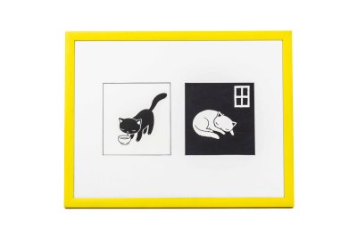 «Petit chat mange et boit» et «Petit chat dort» illustrés par Laura Hedon - Album «Le jour, la nuit», publié aux éditions La poule qui pond.