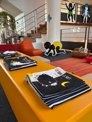 Mise en sc&egrave;ne &agrave; Limoges des diff&eacute;rents d&eacute;cors et albums en tissu.