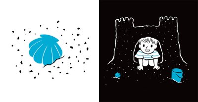 Deux illustrations originales double page « Bébé et petit coquillage » de Laura Hedon - album «Petit poisson nage, nage…», publié aux éditions La poule qui pond.