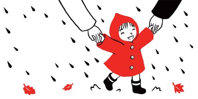 Une illustration originale double page «sous la pluie» de Laura Hedon - album «Que d’émotions !», publié aux éditions La poule qui pond.