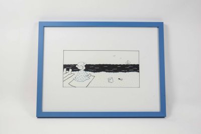 cadre d'une illustration originale double page «Bébé aime la mer» de Laura Hedon - album «Petit poisson nage, nage…», publié aux éditions La poule qui pond. Partie 2 Dimensions( 57x43cm)