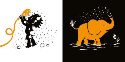 Deux illustrations originales page simple « Bébé et petit éléphant sous la douche » de Laura Hedon - album «Au lit les petits», publié aux éditions La poule qui pond.