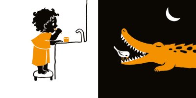 Deux illustrations originales page simple « Bébé et petit éléphant sous la douche » de Laura Hedon - album «Au lit les petits», publié aux éditions La poule qui pond.