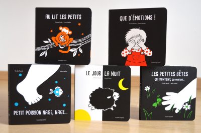 Les 5 albums concernés par l'exposition. Écrits par Coralie Saudo et illustrés par Laura Hedon - publiés aux éditions La poule qui pond.