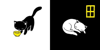 Deux illustrations originales page simple «Petit chat mange et boit» et «Petit chat dort» de Laura Hedon - album «Le jour, la nuit», publié aux éditions La poule qui pond.