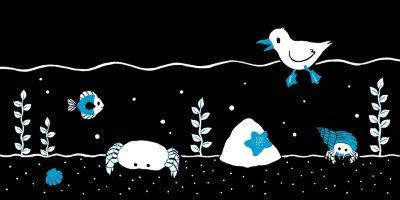 Une illustration originale double page «Les animaux marins» de Laura Hedon - album «Petit poisson nage, nage…», publié aux éditions La poule qui pond.