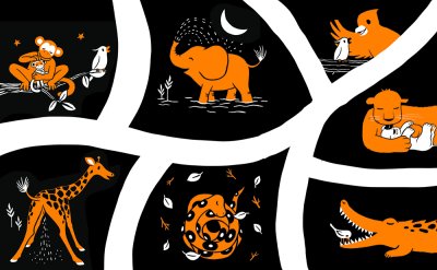 "Dans la savane" - Tapis de jeu, de reconnaissance et de tri de photographies animalières en lien avec chacun des animaux représentés dessus.
