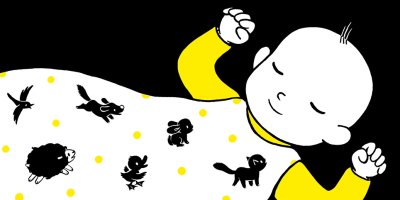 Une illustration originale double page «Bonne nuit Bébé !» de Laura Hedon - album «Le jour, la nuit», publié aux éditions La poule qui pond.