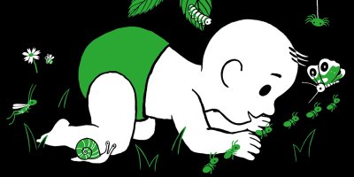 Une illustration originale double page «Bébé au jardin» de Laura Hedon - album «Les petites bêtes qui montent, qui montent…», publié aux éditions La poule qui pond.
