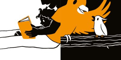 Une illustration originale double page « Bébé et petit perroquet écoutent une histoire » de Laura Hedon - album «Au lit les petits», publié aux éditions La poule qui pond.