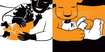 Une illustration originale double page « Bébé et petit lion font un câlin à leur maman » de Laura Hedon - album «Au lit les petits», publié aux éditions La poule qui pond.