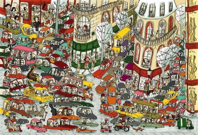 "Embouteillages en ville" - Illustration tirée de l'album "Coquillages et Petit ours" écrit et illustré par Benjamin Chaud, publié aux Editions Hélium.