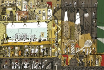 "Dans les coulisses de l'opéra" - Illustration tirée de l'album "Une chanson d'ours" écrit et illustré par Benjamin Chaud, publié aux Éditions Hélium.