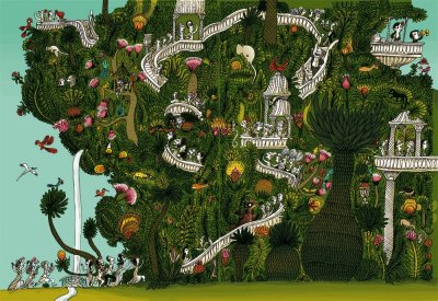 "Dans les arbres exotiques" - Illustration tirée de l'album "Coquillages et Petit ours" écrit et illustré par Benjamin Chaud, publié aux Éditions Hélium.
