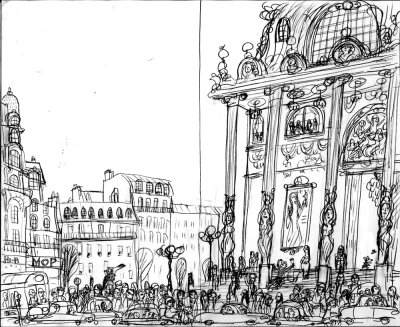 Crayonné de l'illustration "Aux marches de l'Opéra".