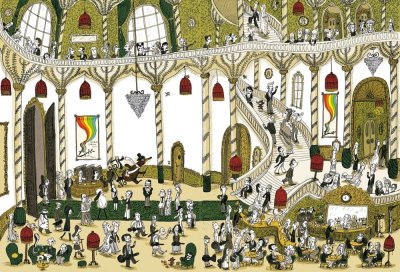 "Dans le hall de l'opéra" - Illustration tirée de l'album "Une chanson d'ours" écrit et illustré par Benjamin Chaud, publié aux Éditions Hélium.