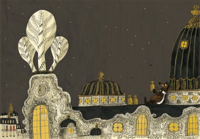 "Papa ours et petit ours sur le toit de l'opéra" - Illustration tirée de l'album "Une chanson d'ours" écrit et illustré par Benjamin Chaud, publié aux Éditions Hélium.
