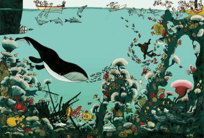 "Sous l'eau" - Illustration tirée de l'album "Coquillages et Petit ours" écrit et illustré par Benjamin Chaud, publié aux Éditions Hélium.