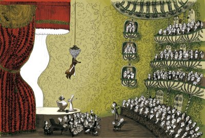 "Papa ours accroché au lustre de la salle de l'opéra"- Illustration tirée de l'album "Une chanson d'ours" écrit et illustré par Benjamin Chaud, publié aux Éditions Hélium.