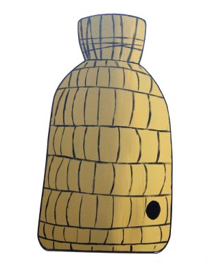 Décor de ruche à suspendre en l'air au-dessus de l'espace d'exposition entourées de ses abeilles et des originaux de "Une chanson d'ours", ou à disposer au fil de la présentation des cadres.