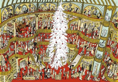"Dans le grand magasin" - Illustration tirée de l'album "Coquillages et Petit ours" écrit et illustré par Benjamin Chaud, publié aux Éditions Hélium.