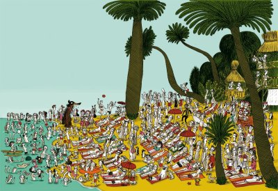 "Sur la plage" - Illustration tirée de l'album "Coquillages et Petit ours" écrit et illustré par Benjamin Chaud, publié aux Éditions Hélium.
