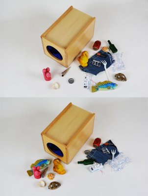 Un jeu pour s'amuser à identifier à l'aveugle les éléments contenus dans la boîte et à les trier suivant leur groupe.