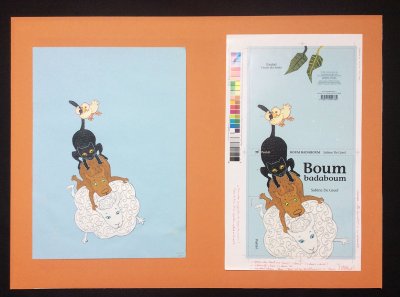 Illustration originale de la couverture de "Et... badaboum" et les annotations du graphiste présentées dans un cadre - (Lxh) : 72x54 cm