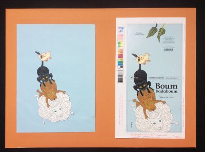 Illustration originale de la couverture de "Et... badaboum" et les annotations du graphiste présentées dans un cadre - (Lxh) : 70x50 cm