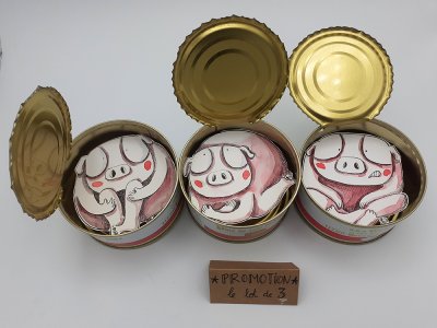 Objet détourné - Création plastique de Séverine Duchesne "Les trois petits cochons" présentée dans trois boîtes de conserve de pâté.