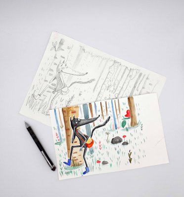 Présentation des croquis préparatoires et des essais couleur de certaines illustrations de l'album "Vous ici?".