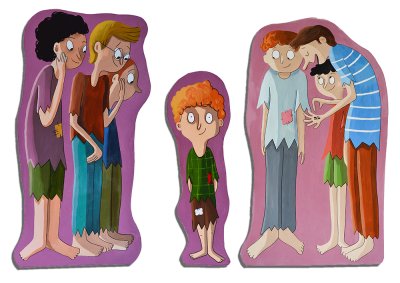 3 grands panneaux-décors en carton peint à la main, représentant le personnage de Poupouce et ses 6 frères.