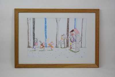 Illustration originale double page des pages de garde de fin d'album "3 petits cochons insouciants"
