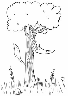 Proposition de coloriage "Loup caché dans la forêt", à proposer en atelier au moment des accueils de classe et groupes d'enfants.
