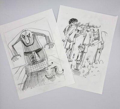 Présentation des croquis préparatoires de certaines illustrations de l'album "Le Petit Poupouce".