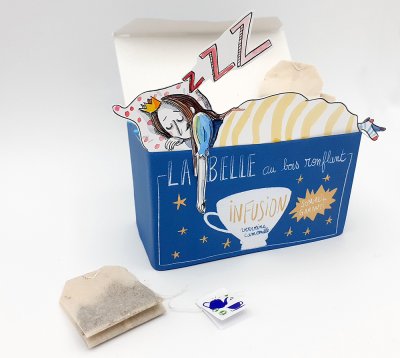Objet détourné - Création plastique de Séverine Duchesne "La belle au bois ronflant " présentée dans une boîte de sachets d'infusion.