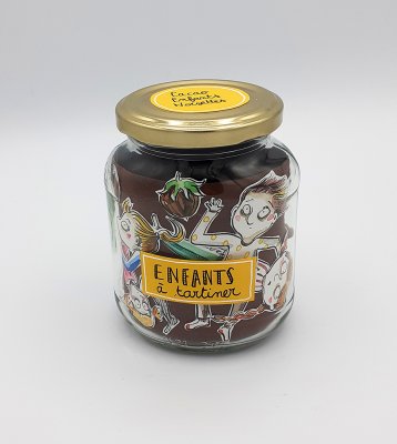Objet détourné - Création plastique de Séverine Duchesne "Enfants à tartiner" présentée dans un bocal de verre.