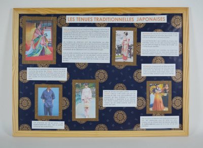 Cadre présentant différentes tenues vestimentaires traditionnelles japonaises