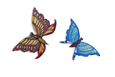 Papillons multicolores - Décors peints sur pièces de carton assemblées et articulées