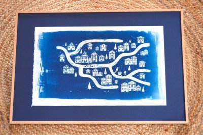 Illustration originale cyanotype "Des abris partout"