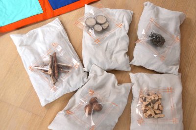5 grosses poches pleines d'éléments à reconnaître, et 5 petits sachets pour les identifier !