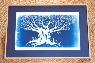 Illustration originale cyanotype "L'arbre-abris"