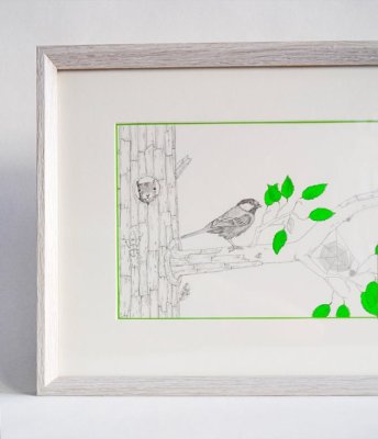 Zoom sur notre ami l'écureuil, toujours curieux de ce nouveau compagnon de la forêt  - Gros plan de l'illustration ex-libris "Au bout de la branche".