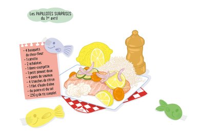 Grande illustration tirée de la recette "Les papillotes surprises du 1er Avril" - Illustration  présentée individuellement  de la BD.